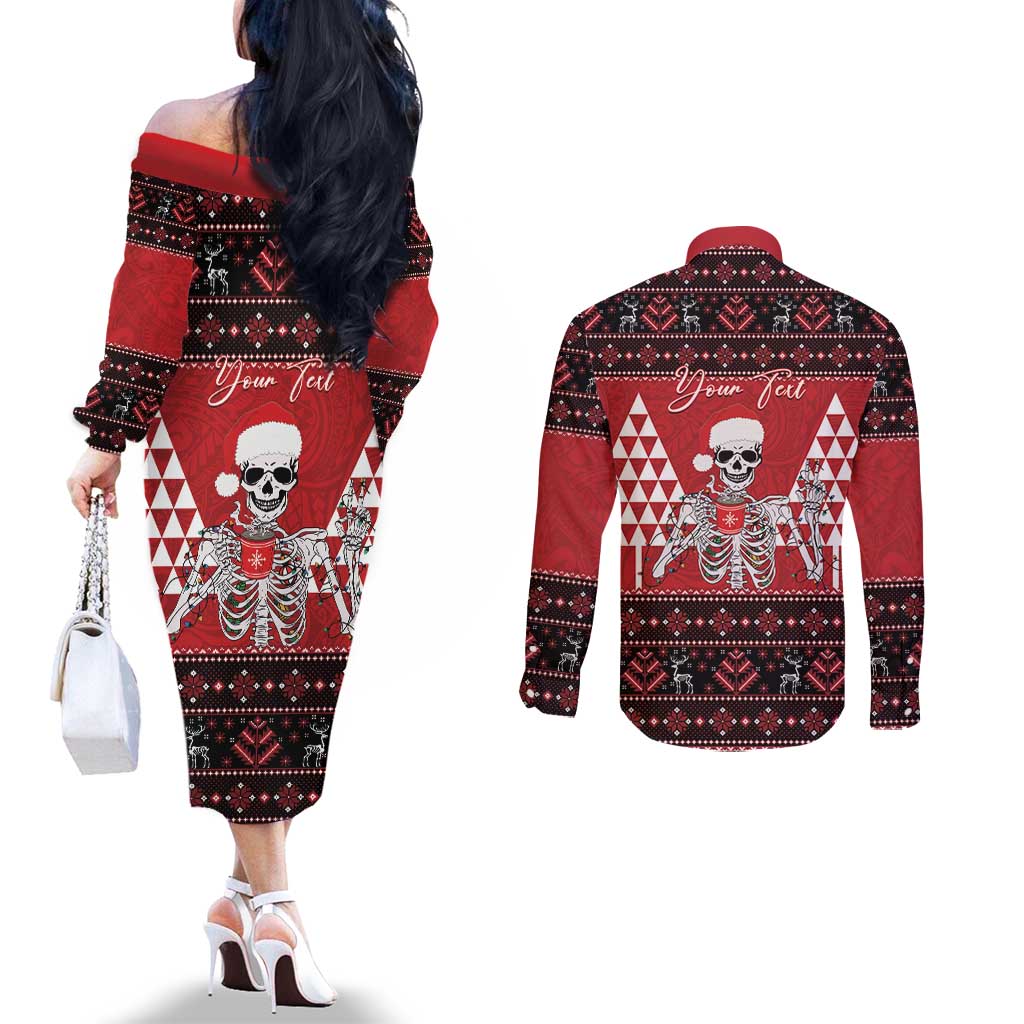 Personalized Hawaii Skull Christmas Couples Matching Off The Shoulder Long Sleeve Dress and Long Sleeve Button Shirt Mele Kalikimaka Hawaiian Kakau LT14 - Polynesian Pride