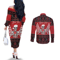 Personalized Hawaii Skull Christmas Couples Matching Off The Shoulder Long Sleeve Dress and Long Sleeve Button Shirt Mele Kalikimaka Hawaiian Kakau LT14 - Polynesian Pride