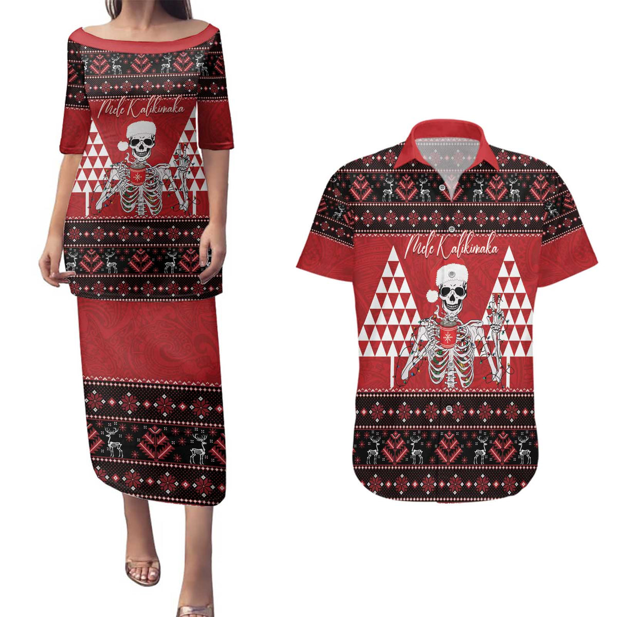 Personalized Hawaii Skull Christmas Couples Matching Puletasi and Hawaiian Shirt Mele Kalikimaka Hawaiian Kakau - Polynesian Pride