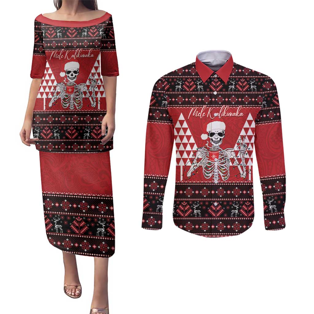 Personalized Hawaii Skull Christmas Couples Matching Puletasi and Long Sleeve Button Shirt Mele Kalikimaka Hawaiian Kakau - Polynesian Pride