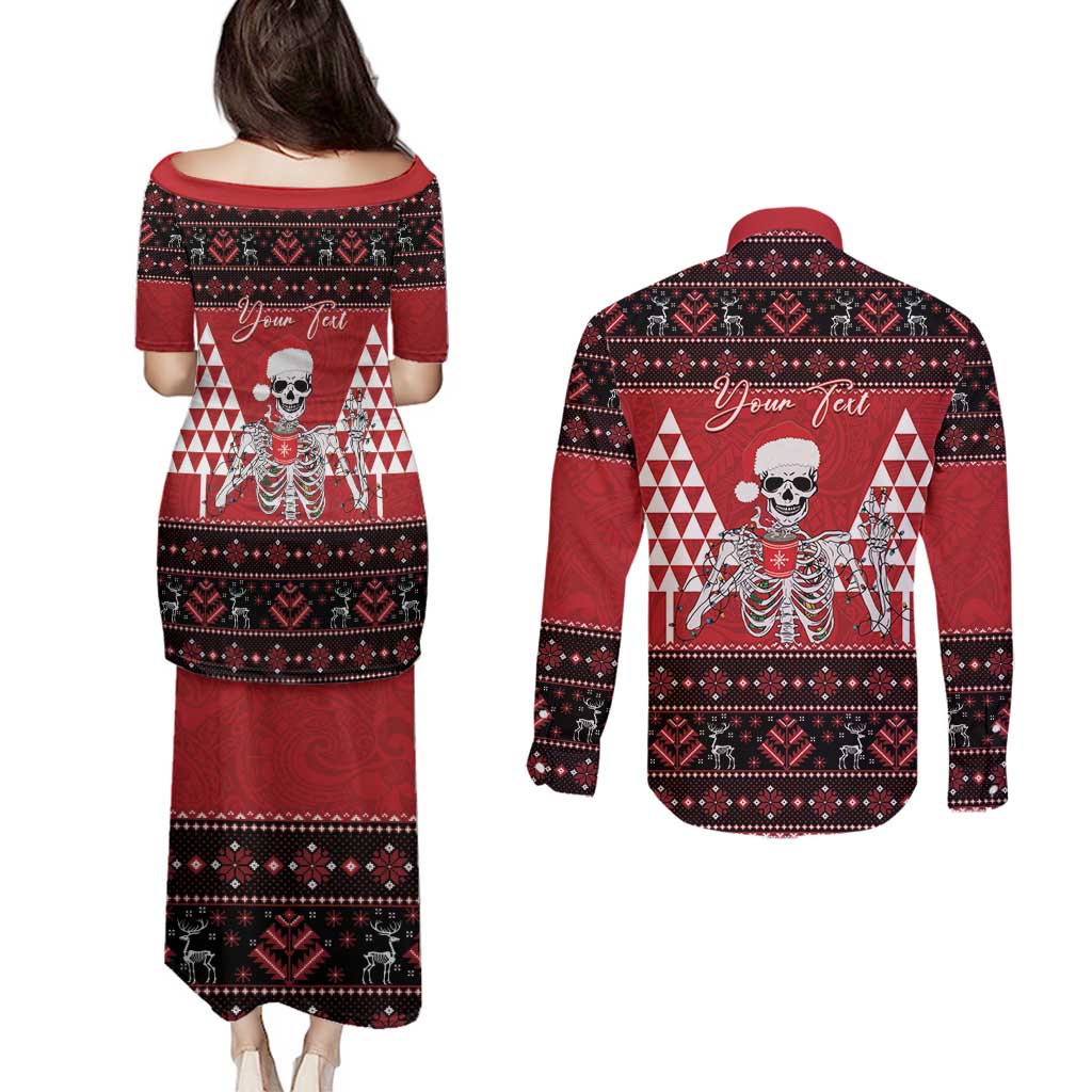 Personalized Hawaii Skull Christmas Couples Matching Puletasi and Long Sleeve Button Shirt Mele Kalikimaka Hawaiian Kakau - Polynesian Pride