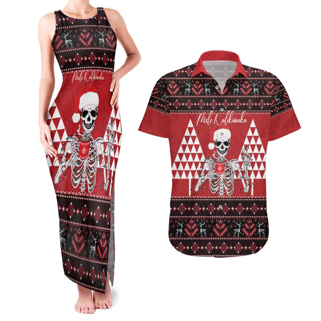 Personalized Hawaii Skull Christmas Couples Matching Tank Maxi Dress and Hawaiian Shirt Mele Kalikimaka Hawaiian Kakau LT14 Red - Polynesian Pride