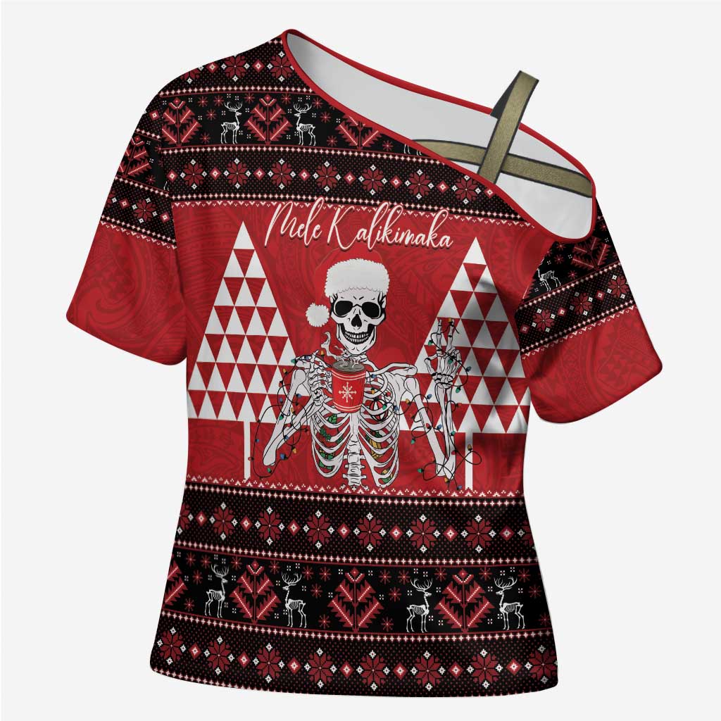 Personalized Hawaii Skull Christmas Cross Shoulder Shirt Mele Kalikimaka Hawaiian Kakau - Polynesian Pride