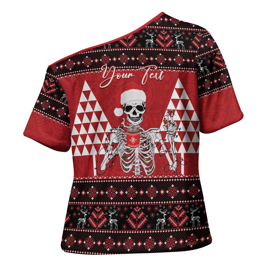 Personalized Hawaii Skull Christmas Cross Shoulder Shirt Mele Kalikimaka Hawaiian Kakau - Polynesian Pride