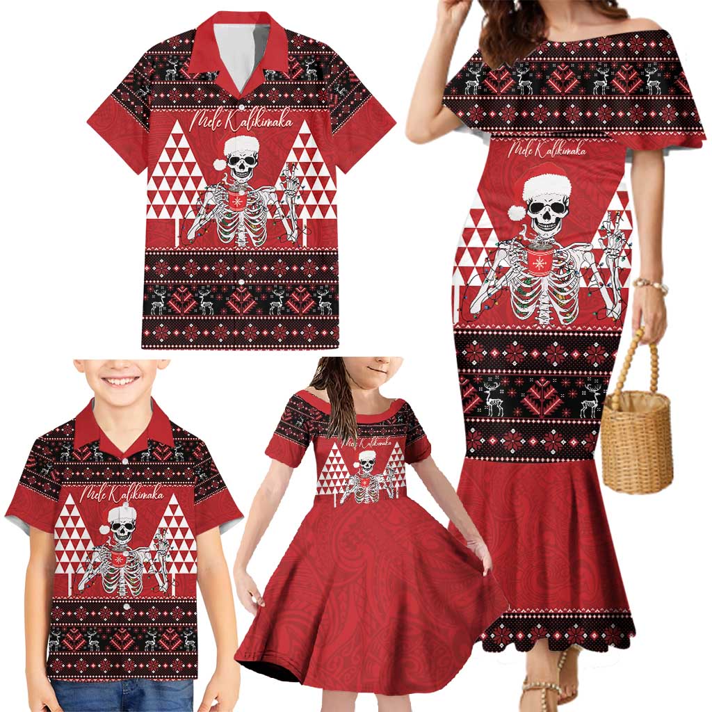 Personalized Hawaii Skull Christmas Family Matching Mermaid Dress and Hawaiian Shirt Mele Kalikimaka Hawaiian Kakau LT14 - Polynesian Pride