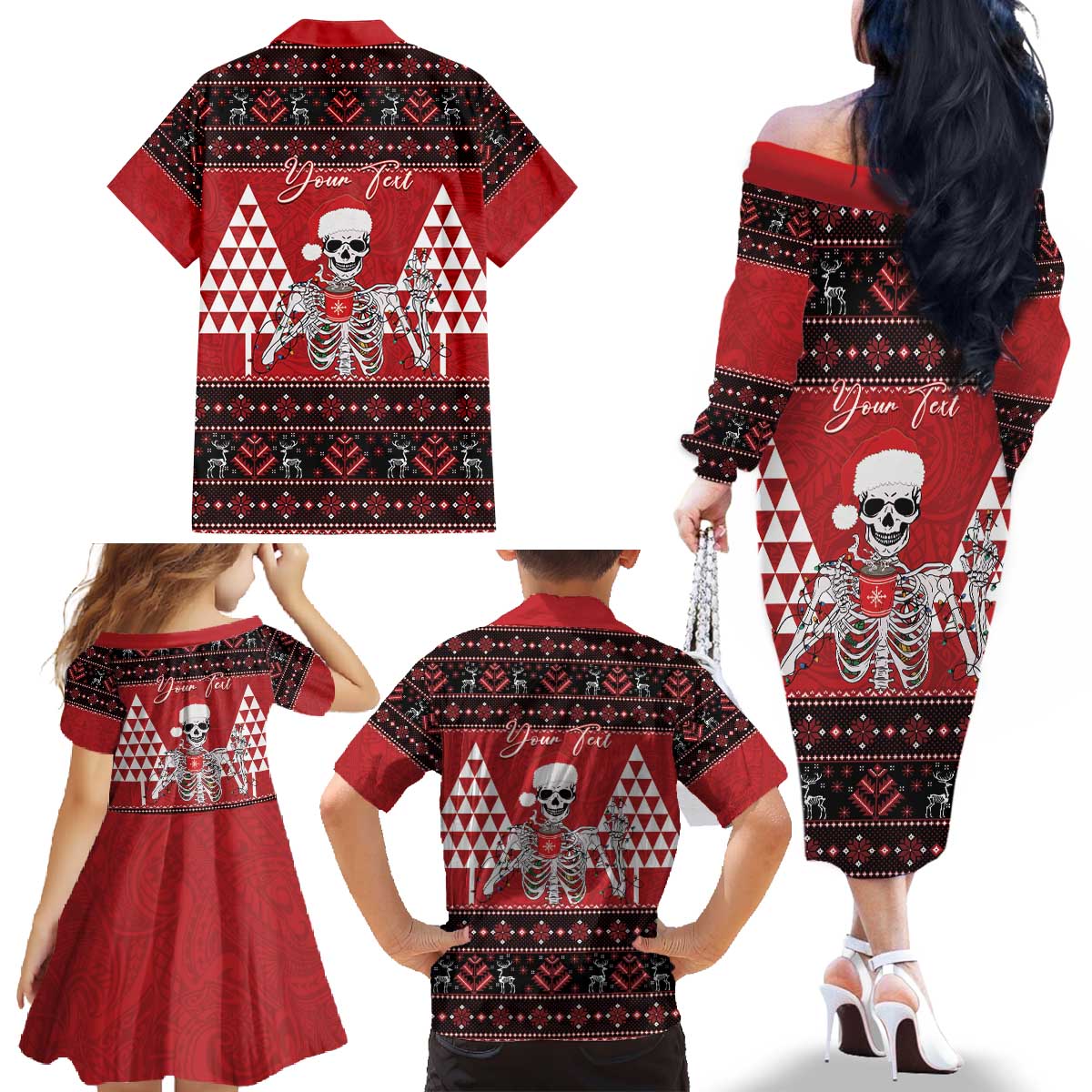 Personalized Hawaii Skull Christmas Family Matching Off The Shoulder Long Sleeve Dress and Hawaiian Shirt Mele Kalikimaka Hawaiian Kakau - Polynesian Pride