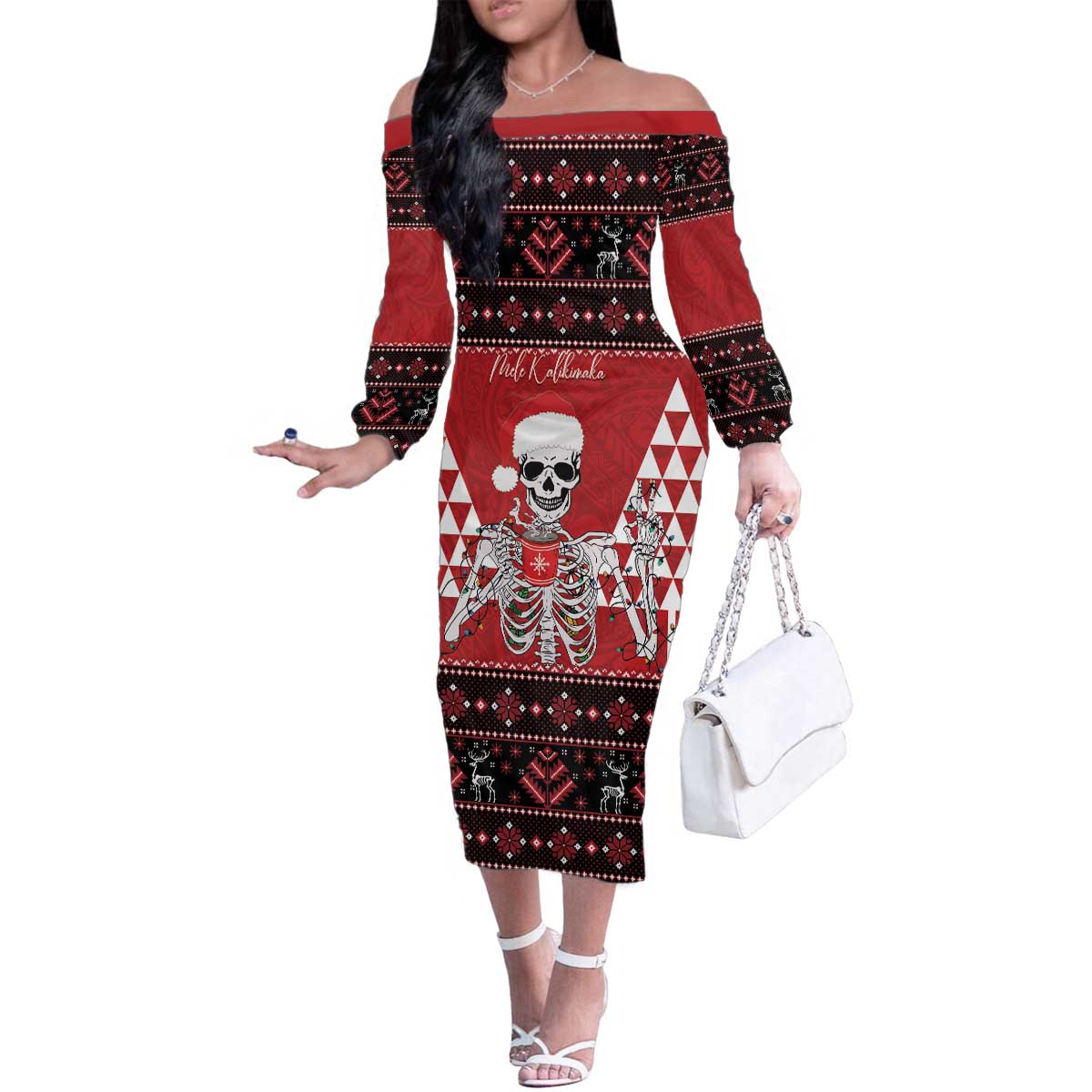 Personalized Hawaii Skull Christmas Family Matching Off The Shoulder Long Sleeve Dress and Hawaiian Shirt Mele Kalikimaka Hawaiian Kakau - Polynesian Pride