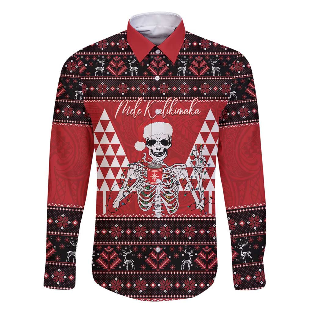 Personalized Hawaii Skull Christmas Family Matching Summer Maxi Dress and Hawaiian Shirt Mele Kalikimaka Hawaiian Kakau LT14 Dad's Shirt - Long Sleeve Red - Polynesian Pride