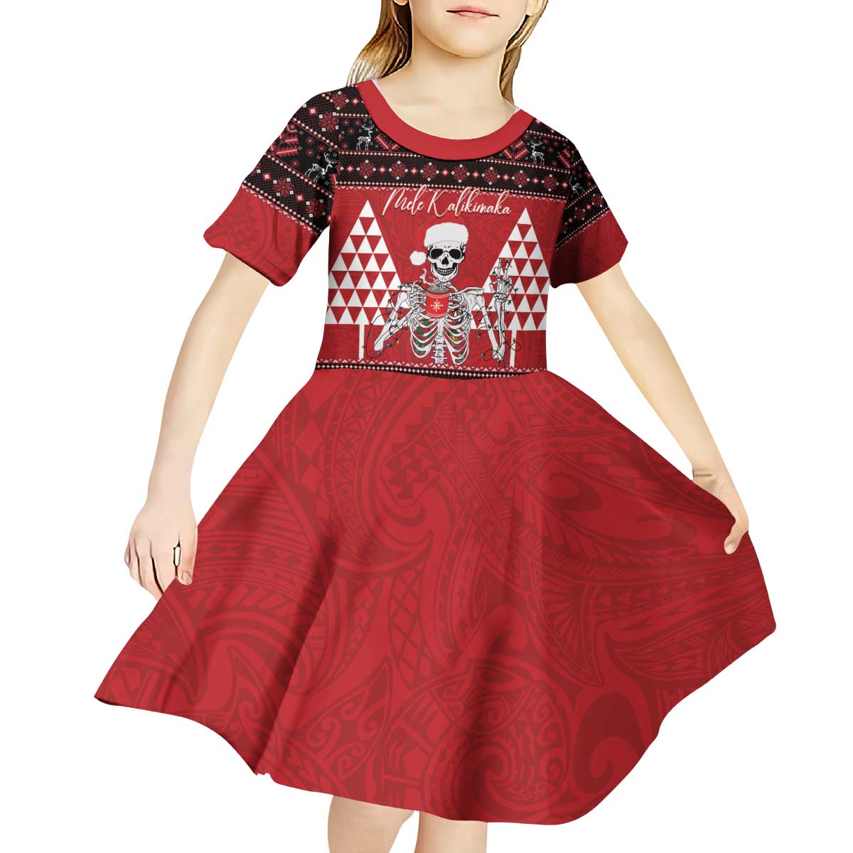 Personalized Hawaii Skull Christmas Kid Short Sleeve Dress Mele Kalikimaka Hawaiian Kakau - Polynesian Pride