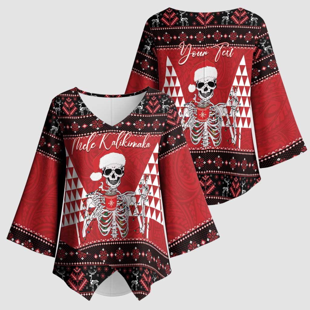 Personalized Hawaii Skull Christmas Kimono Sleeve Blouse Mele Kalikimaka Hawaiian Kakau - Polynesian Pride