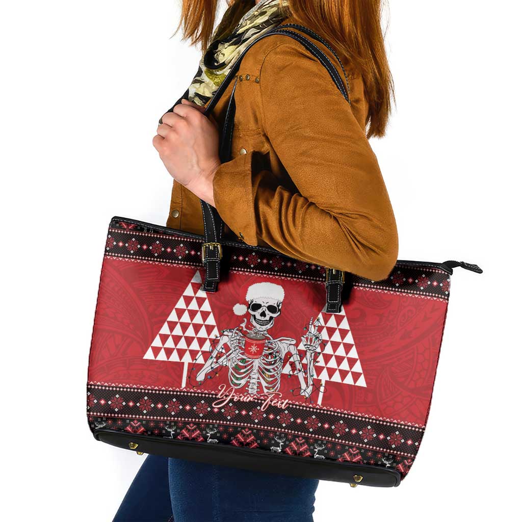 Personalized Hawaii Skull Christmas Leather Tote Bag Mele Kalikimaka Hawaiian Kakau - Polynesian Pride