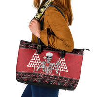 Personalized Hawaii Skull Christmas Leather Tote Bag Mele Kalikimaka Hawaiian Kakau - Polynesian Pride