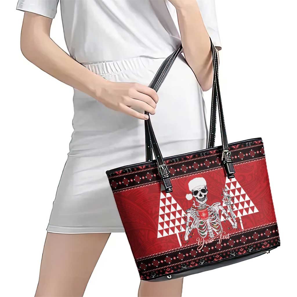 Personalized Hawaii Skull Christmas Leather Tote Bag Mele Kalikimaka Hawaiian Kakau - Polynesian Pride