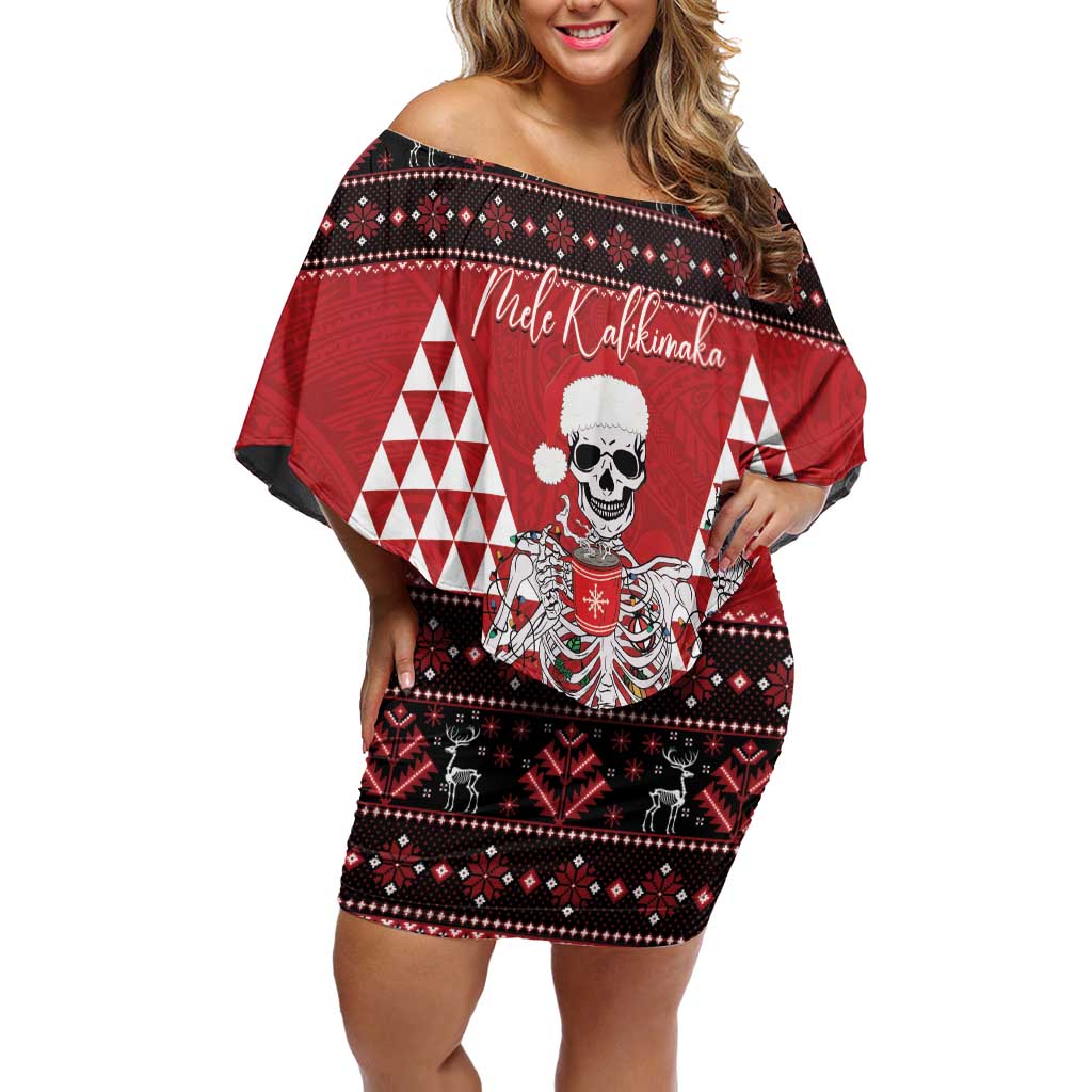 Personalized Hawaii Skull Christmas Off Shoulder Short Dress Mele Kalikimaka Hawaiian Kakau - Polynesian Pride