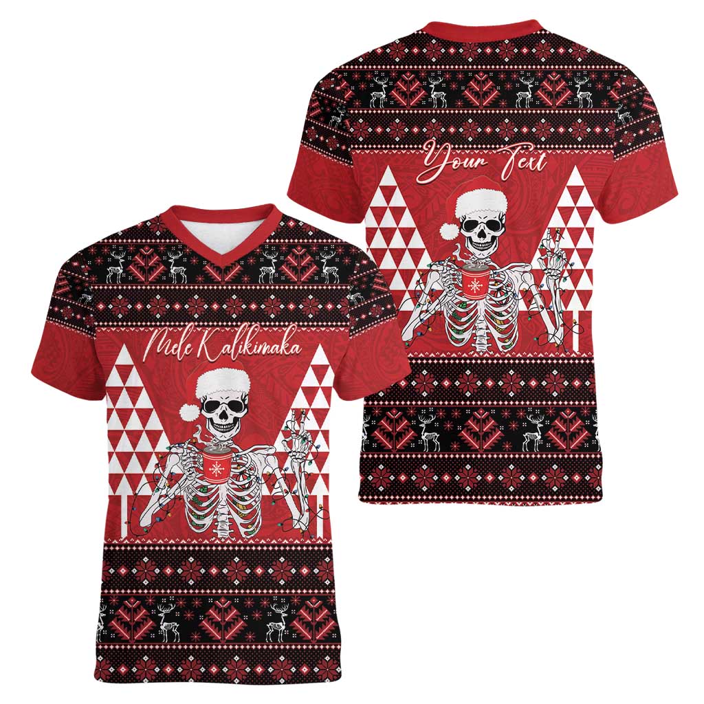 Personalized Hawaii Skull Christmas Women V-Neck T-Shirt Mele Kalikimaka Hawaiian Kakau - Polynesian Pride