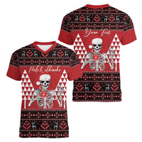 Personalized Hawaii Skull Christmas Women V-Neck T-Shirt Mele Kalikimaka Hawaiian Kakau - Polynesian Pride
