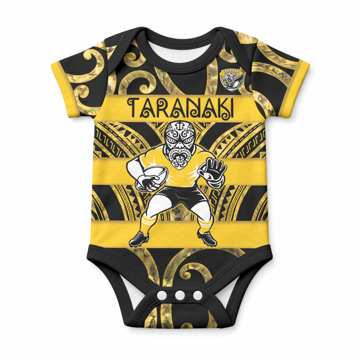 Taranaki Custom Rugby New Zealand Baby Onesie Aotearoa Maori Pukana Tiki Mascot