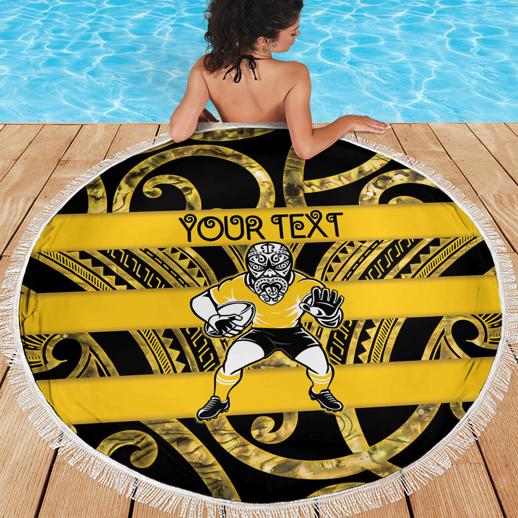 Taranaki Custom Rugby New Zealand Beach Blanket Aotearoa Maori Pukana Tiki Mascot