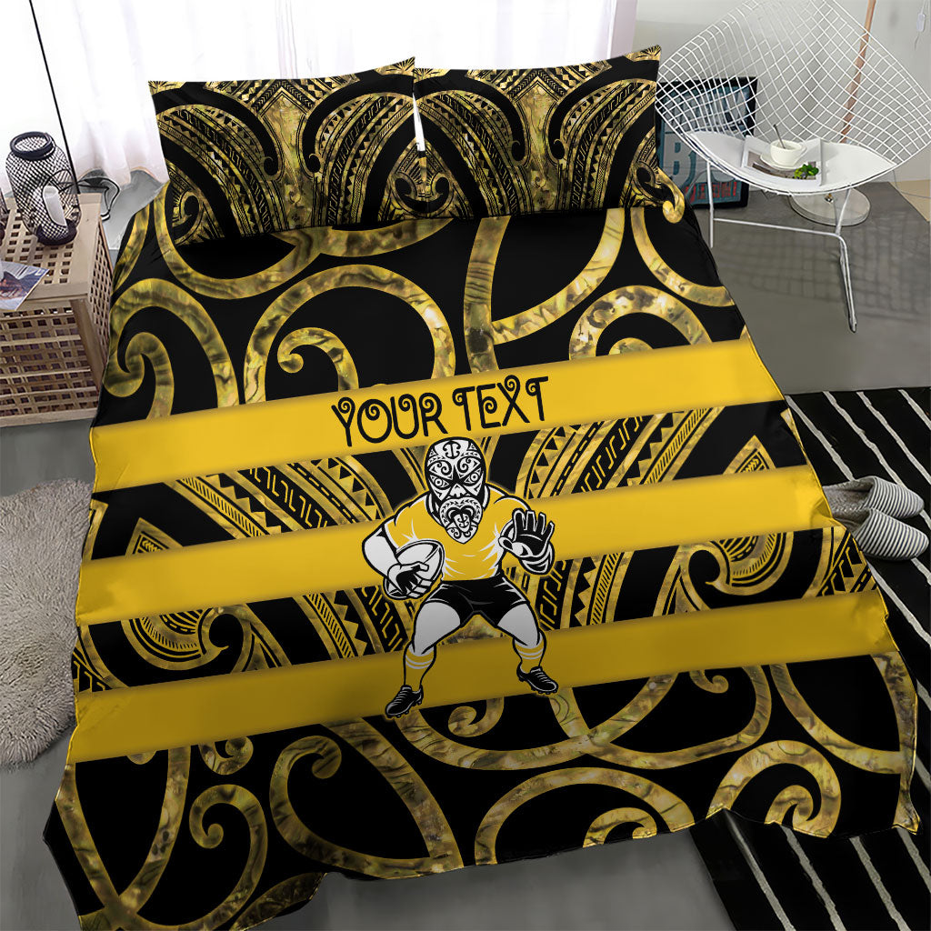 Taranaki Custom Rugby New Zealand Bedding Set Aotearoa Maori Pukana Tiki Mascot