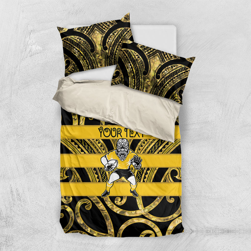 Taranaki Custom Rugby New Zealand Bedding Set Aotearoa Maori Pukana Tiki Mascot