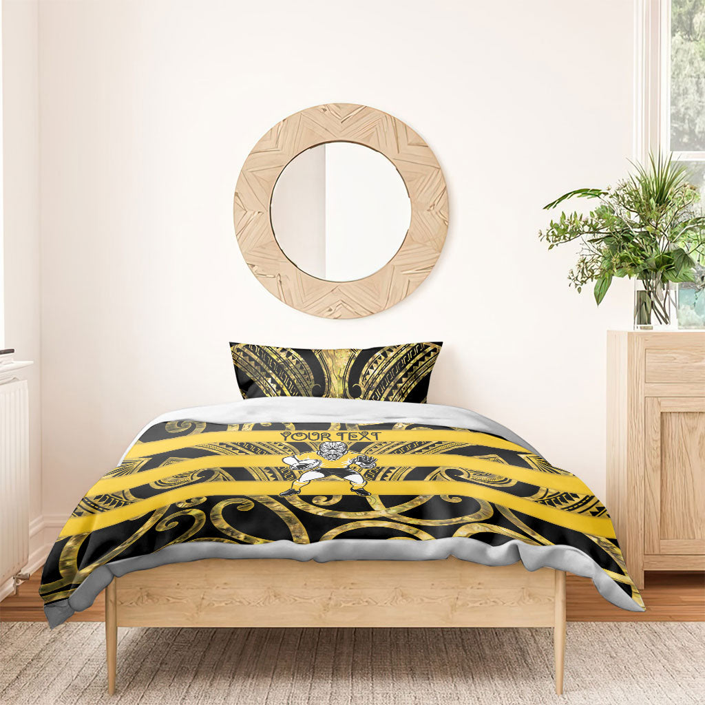 Taranaki Custom Rugby New Zealand Bedding Set Aotearoa Maori Pukana Tiki Mascot