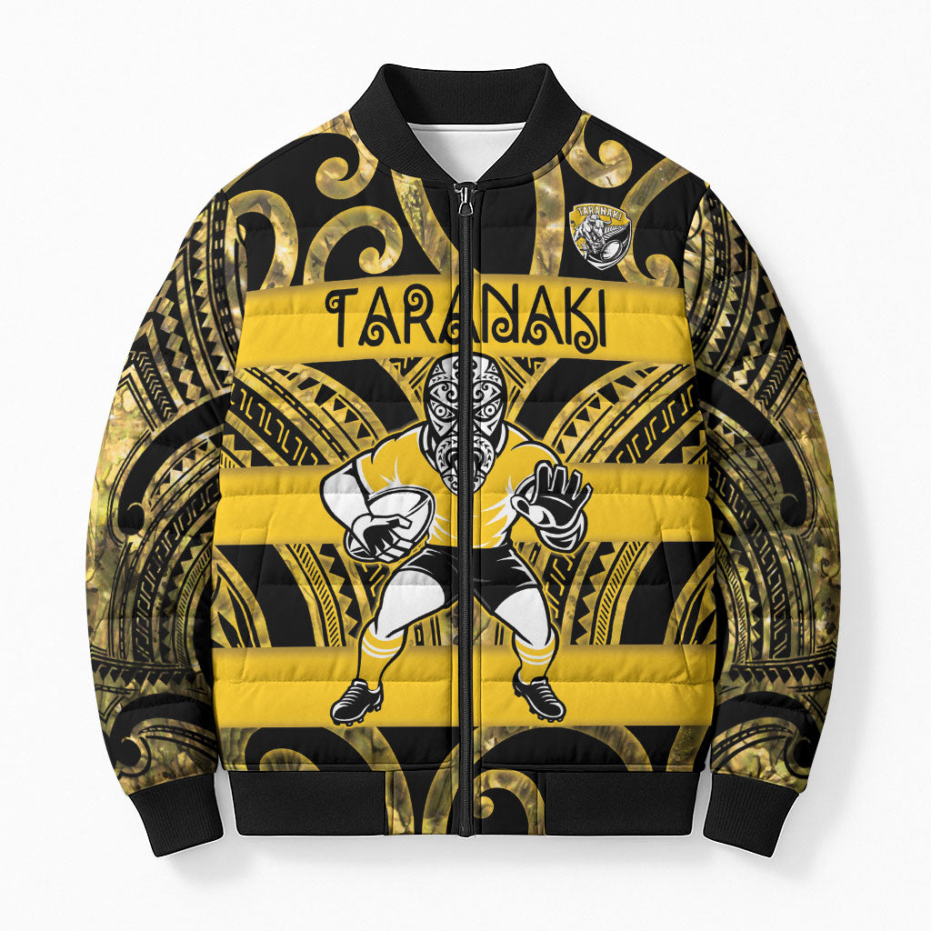 Taranaki Custom Rugby New Zealand Bomber Puffer Jacket Aotearoa Maori Pukana Tiki Mascot