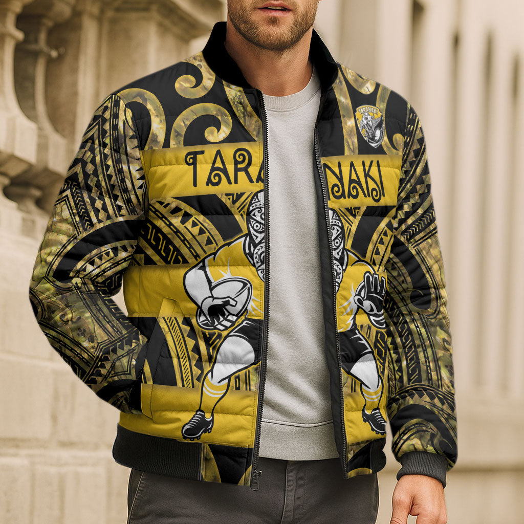 Taranaki Custom Rugby New Zealand Bomber Puffer Jacket Aotearoa Maori Pukana Tiki Mascot