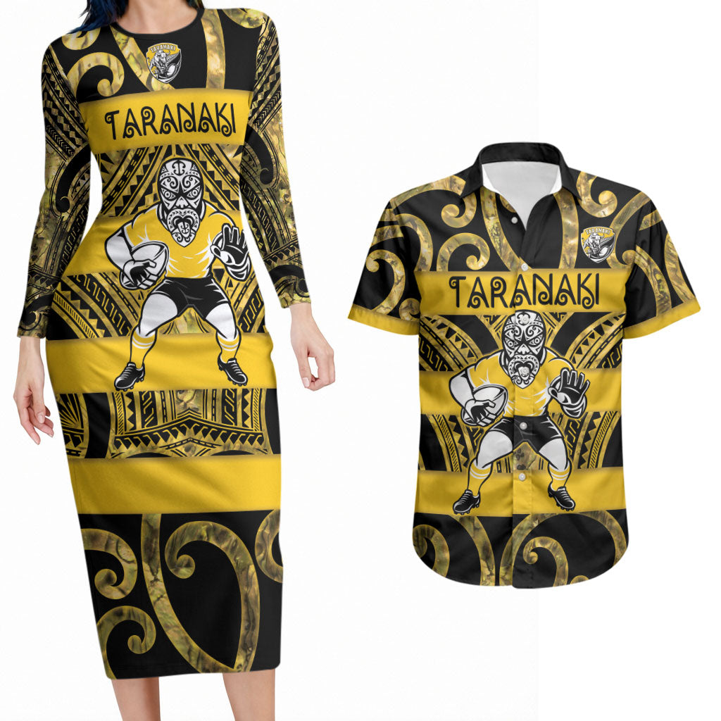 Taranaki Custom Rugby New Zealand Couples Matching Long Sleeve Bodycon Dress and Hawaiian Shirt Aotearoa Maori Pukana Tiki Mascot