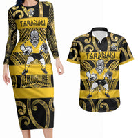 Taranaki Custom Rugby New Zealand Couples Matching Long Sleeve Bodycon Dress and Hawaiian Shirt Aotearoa Maori Pukana Tiki Mascot