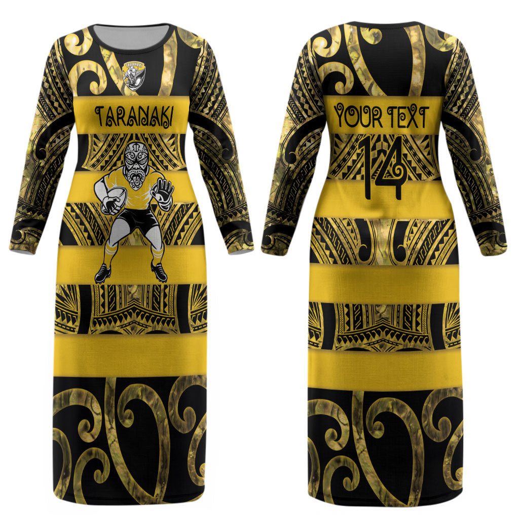 Taranaki Custom Rugby New Zealand Couples Matching Long Sleeve Bodycon Dress and Hawaiian Shirt Aotearoa Maori Pukana Tiki Mascot