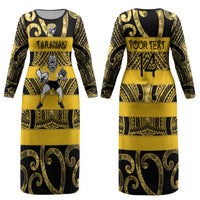 Taranaki Custom Rugby New Zealand Couples Matching Long Sleeve Bodycon Dress and Hawaiian Shirt Aotearoa Maori Pukana Tiki Mascot