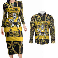 Taranaki Custom Rugby New Zealand Couples Matching Long Sleeve Bodycon Dress and Long Sleeve Button Shirt Aotearoa Maori Pukana Tiki Mascot