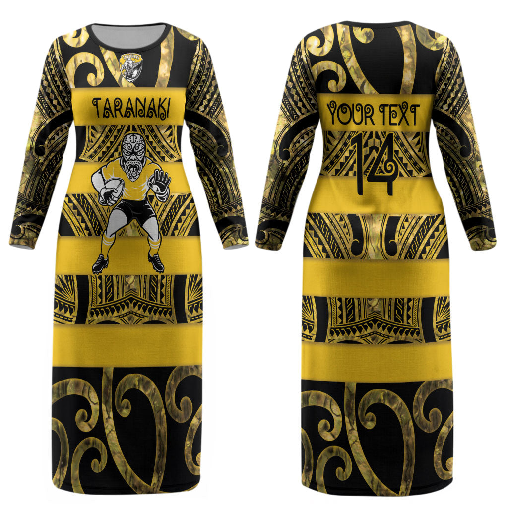 Taranaki Custom Rugby New Zealand Couples Matching Long Sleeve Bodycon Dress and Long Sleeve Button Shirt Aotearoa Maori Pukana Tiki Mascot