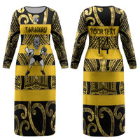 Taranaki Custom Rugby New Zealand Couples Matching Long Sleeve Bodycon Dress and Long Sleeve Button Shirt Aotearoa Maori Pukana Tiki Mascot