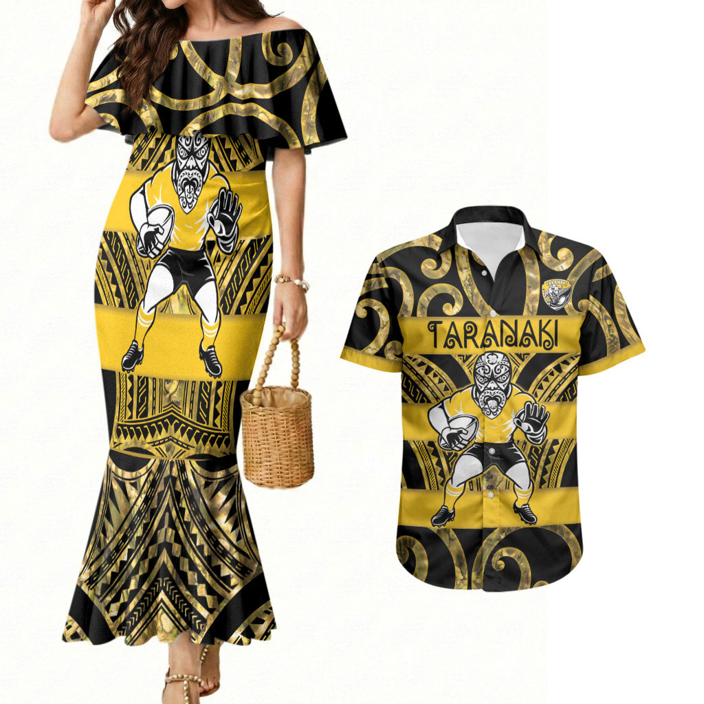 Taranaki Custom Rugby New Zealand Couples Matching Mermaid Dress and Hawaiian Shirt Aotearoa Maori Pukana Tiki Mascot