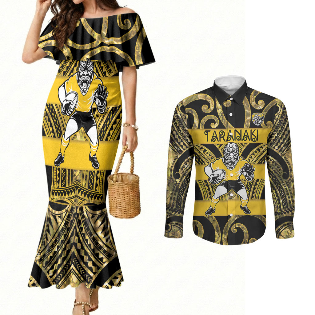 Taranaki Custom Rugby New Zealand Couples Matching Mermaid Dress and Long Sleeve Button Shirt Aotearoa Maori Pukana Tiki Mascot
