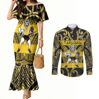 Taranaki Custom Rugby New Zealand Couples Matching Mermaid Dress and Long Sleeve Button Shirt Aotearoa Maori Pukana Tiki Mascot