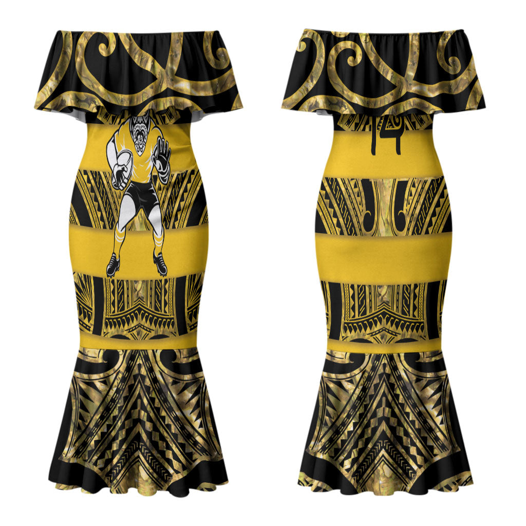 Taranaki Custom Rugby New Zealand Couples Matching Mermaid Dress and Long Sleeve Button Shirt Aotearoa Maori Pukana Tiki Mascot