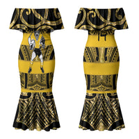 Taranaki Custom Rugby New Zealand Couples Matching Mermaid Dress and Long Sleeve Button Shirt Aotearoa Maori Pukana Tiki Mascot