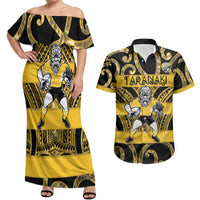 Taranaki Custom Rugby New Zealand Couples Matching Off Shoulder Maxi Dress and Hawaiian Shirt Aotearoa Maori Pukana Tiki Mascot