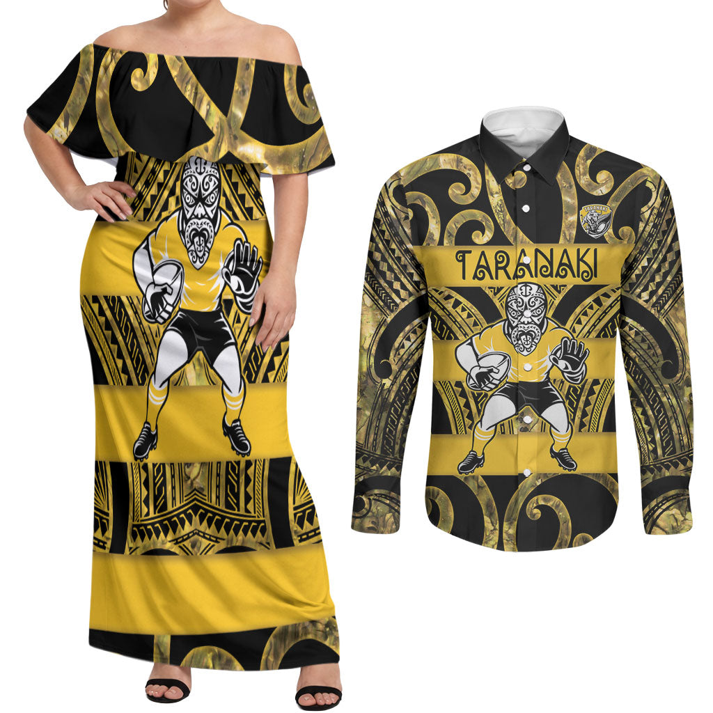 Taranaki Custom Rugby New Zealand Couples Matching Off Shoulder Maxi Dress and Long Sleeve Button Shirt Aotearoa Maori Pukana Tiki Mascot