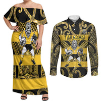 Taranaki Custom Rugby New Zealand Couples Matching Off Shoulder Maxi Dress and Long Sleeve Button Shirt Aotearoa Maori Pukana Tiki Mascot
