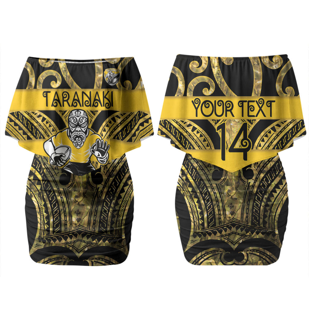 Taranaki Custom Rugby New Zealand Couples Matching Off Shoulder Short Dress and Hawaiian Shirt Aotearoa Maori Pukana Tiki Mascot