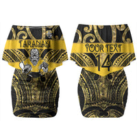 Taranaki Custom Rugby New Zealand Couples Matching Off Shoulder Short Dress and Hawaiian Shirt Aotearoa Maori Pukana Tiki Mascot