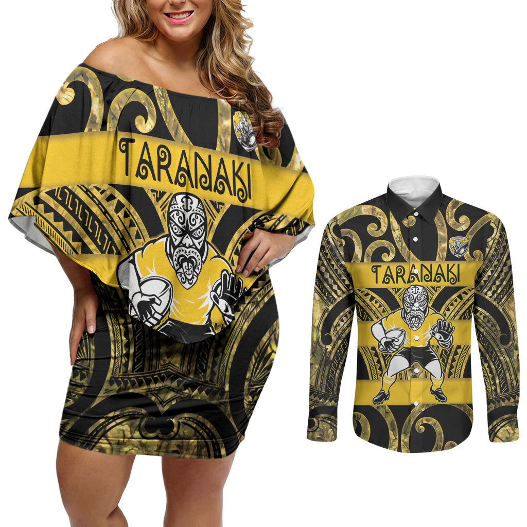 Taranaki Custom Rugby New Zealand Couples Matching Off Shoulder Short Dress and Long Sleeve Button Shirt Aotearoa Maori Pukana Tiki Mascot