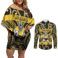 Taranaki Custom Rugby New Zealand Couples Matching Off Shoulder Short Dress and Long Sleeve Button Shirt Aotearoa Maori Pukana Tiki Mascot