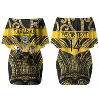 Taranaki Custom Rugby New Zealand Couples Matching Off Shoulder Short Dress and Long Sleeve Button Shirt Aotearoa Maori Pukana Tiki Mascot