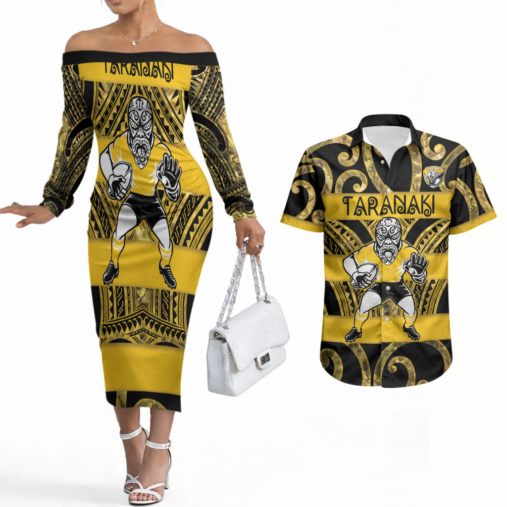 Taranaki Custom Rugby New Zealand Couples Matching Off The Shoulder Long Sleeve Dress and Hawaiian Shirt Aotearoa Maori Pukana Tiki Mascot