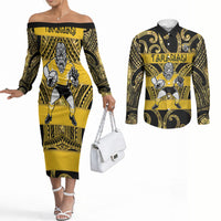 Taranaki Custom Rugby New Zealand Couples Matching Off The Shoulder Long Sleeve Dress and Long Sleeve Button Shirt Aotearoa Maori Pukana Tiki Mascot