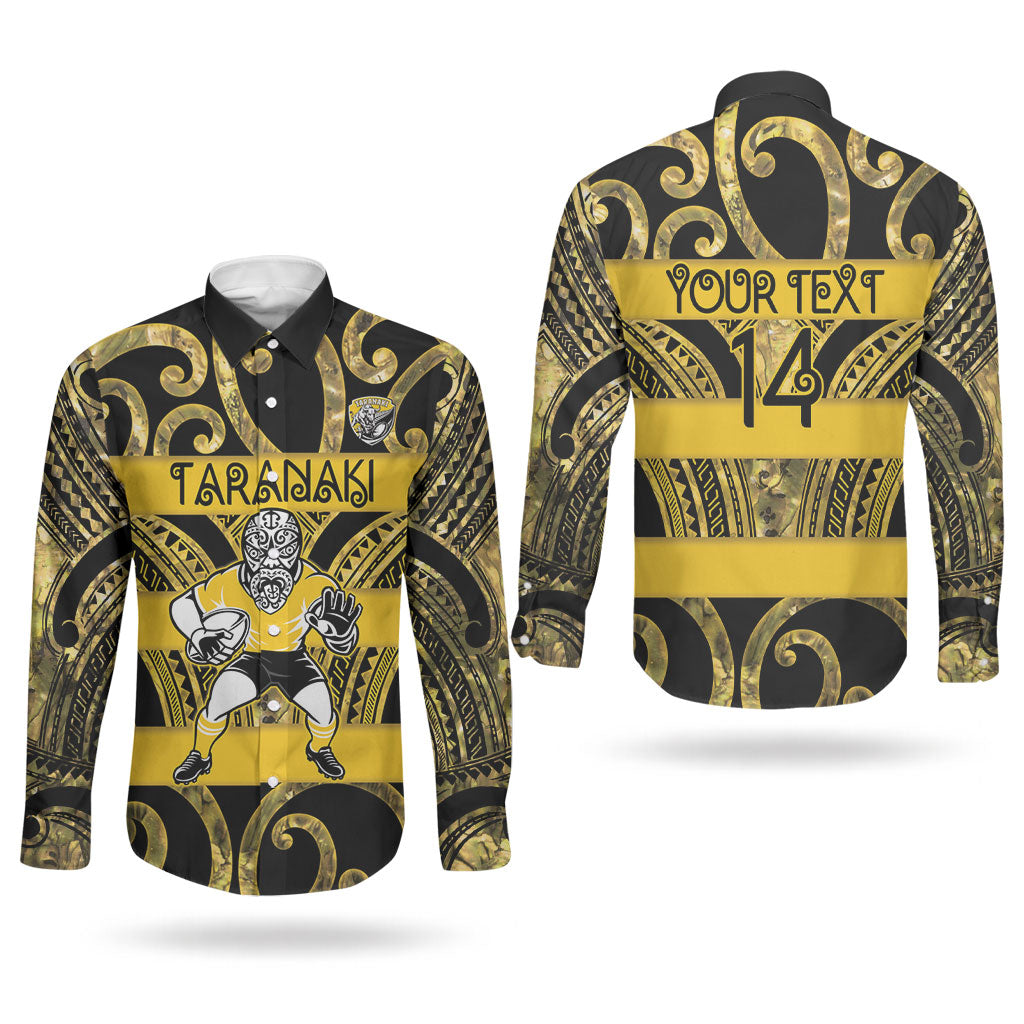 Taranaki Custom Rugby New Zealand Couples Matching Off The Shoulder Long Sleeve Dress and Long Sleeve Button Shirt Aotearoa Maori Pukana Tiki Mascot